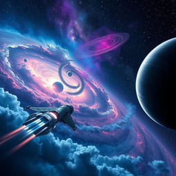 A stunning view of a distant galaxy with vibrant colors, showcasing swirling clouds of gas and dust illuminated by countless stars