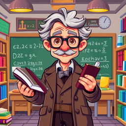 A typical professor character depicted in vibrant pixel art style, showcasing iconic 16-bit graphics