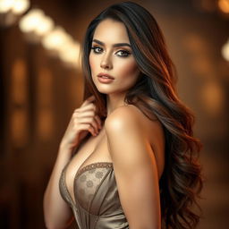 A glamorous portrait of an alluring woman with striking features and long flowing hair, confidently posed in a sensual yet elegant manner