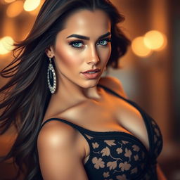 A glamorous portrait of an alluring woman with striking features and long flowing hair, confidently posed in a sensual yet elegant manner