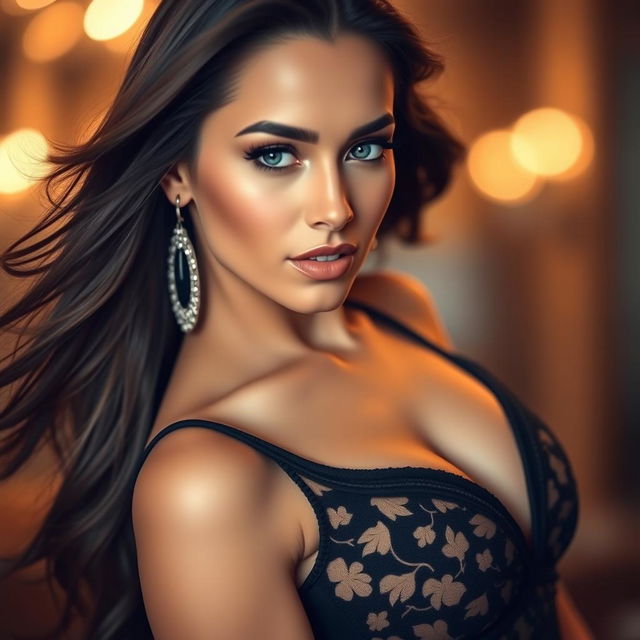 A glamorous portrait of an alluring woman with striking features and long flowing hair, confidently posed in a sensual yet elegant manner