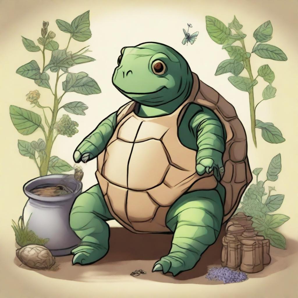 Draw an old Tortle, a humanoid turtle, as a wise and aged healer, surrounded by an array of medicinal herbs and ancient healing tools