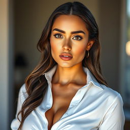 A stunningly beautiful woman with a gorgeous face, bright big eyes, and shining skin
