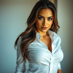 A stunningly beautiful woman with a gorgeous face, bright big eyes, and shining skin