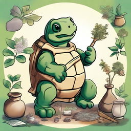 Draw an old Tortle, a humanoid turtle, as a wise and aged healer, surrounded by an array of medicinal herbs and ancient healing tools