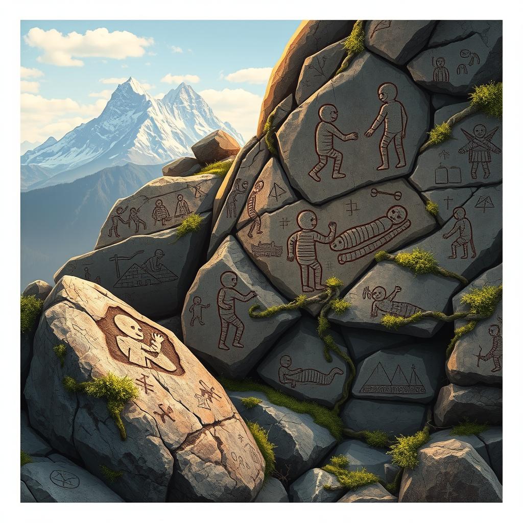 A captivating illustration of rock carvings depicting the ancient secrets of mummy discoveries in the Altai Mountains