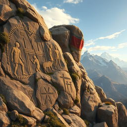 A captivating illustration of rock carvings depicting the ancient secrets of mummy discoveries in the Altai Mountains