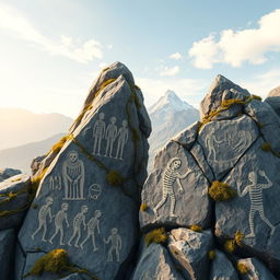 A captivating illustration of rock carvings depicting the ancient secrets of mummy discoveries in the Altai Mountains