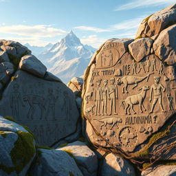 A captivating illustration of rock carvings depicting the ancient secrets of mummy discoveries in the Altai Mountains