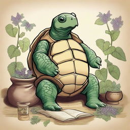 Draw an old Tortle, a humanoid turtle, as a wise and aged healer, surrounded by an array of medicinal herbs and ancient healing tools