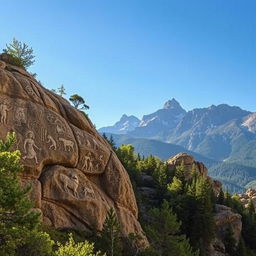 A detailed and evocative depiction of rock carvings created by ancient peoples in the Altai Mountains, illustrating the mysteries surrounding their mummies