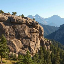 A detailed and evocative depiction of rock carvings created by ancient peoples in the Altai Mountains, illustrating the mysteries surrounding their mummies