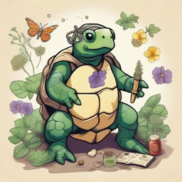 Draw an old Tortle, a humanoid turtle, as a wise and aged healer, surrounded by an array of medicinal herbs and ancient healing tools