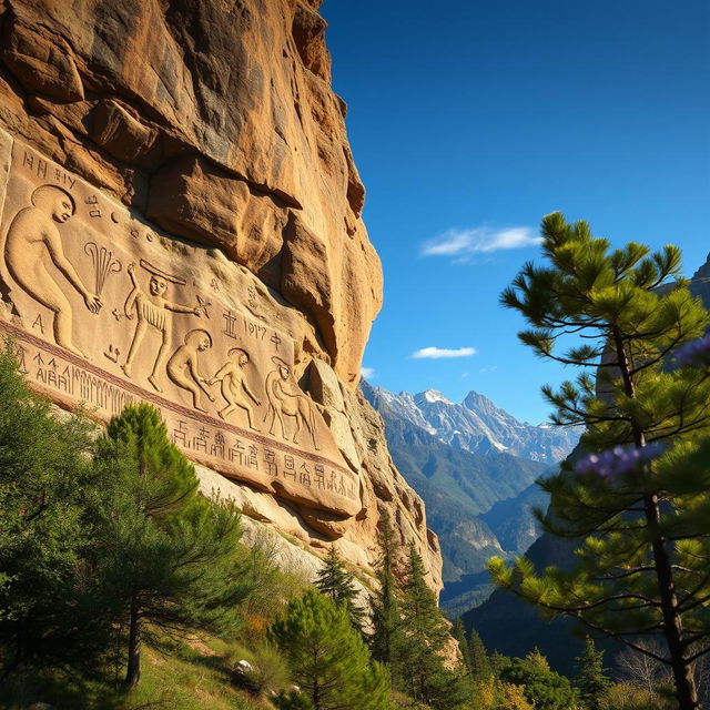 A detailed and evocative depiction of rock carvings created by ancient peoples in the Altai Mountains, illustrating the mysteries surrounding their mummies