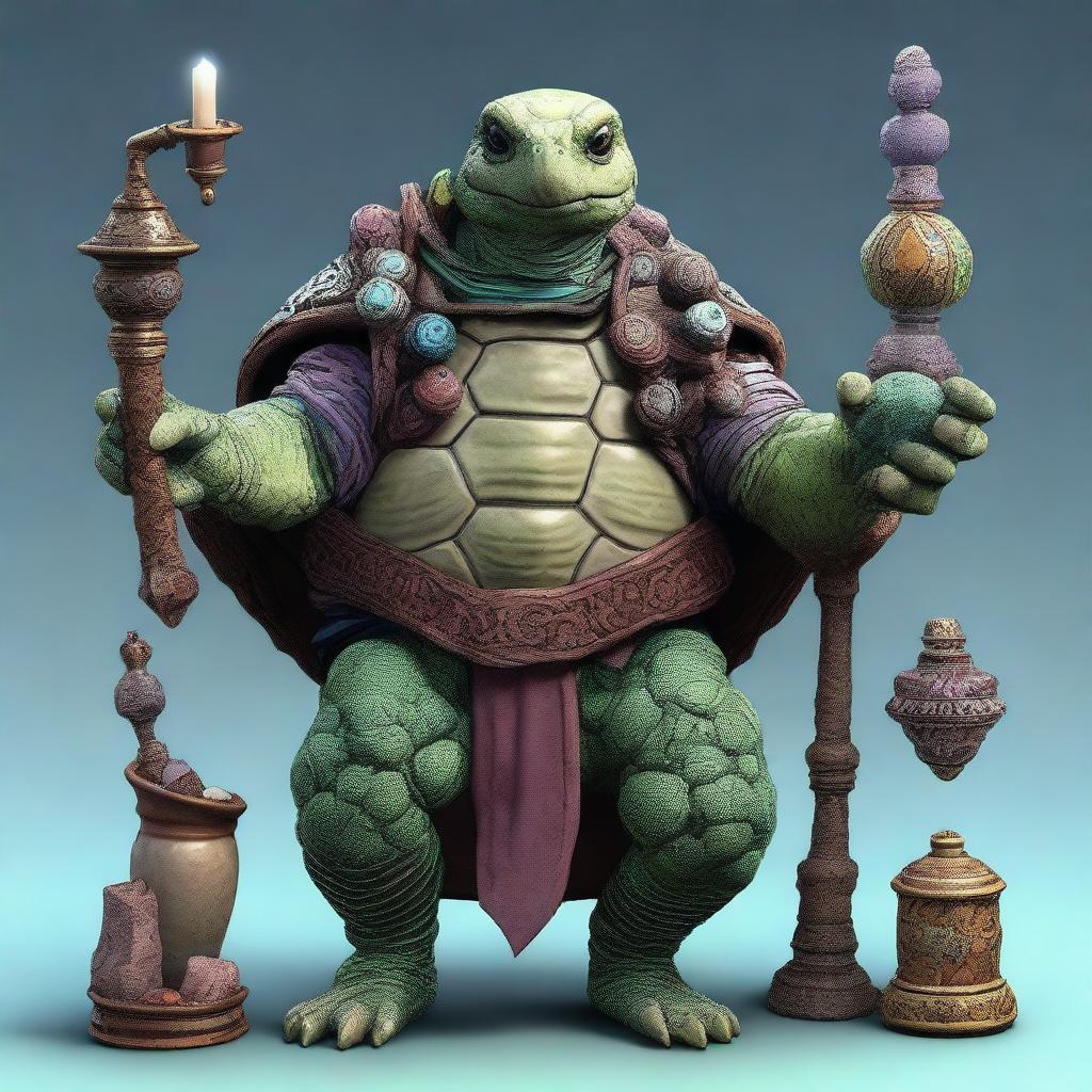 Display an elderly Tortle, a humanoid turtle from Dungeons and Dragons (DnD), adorned in intricate healer garments, clutching a healing staff, surrounded by a collection of magical healing artifacts