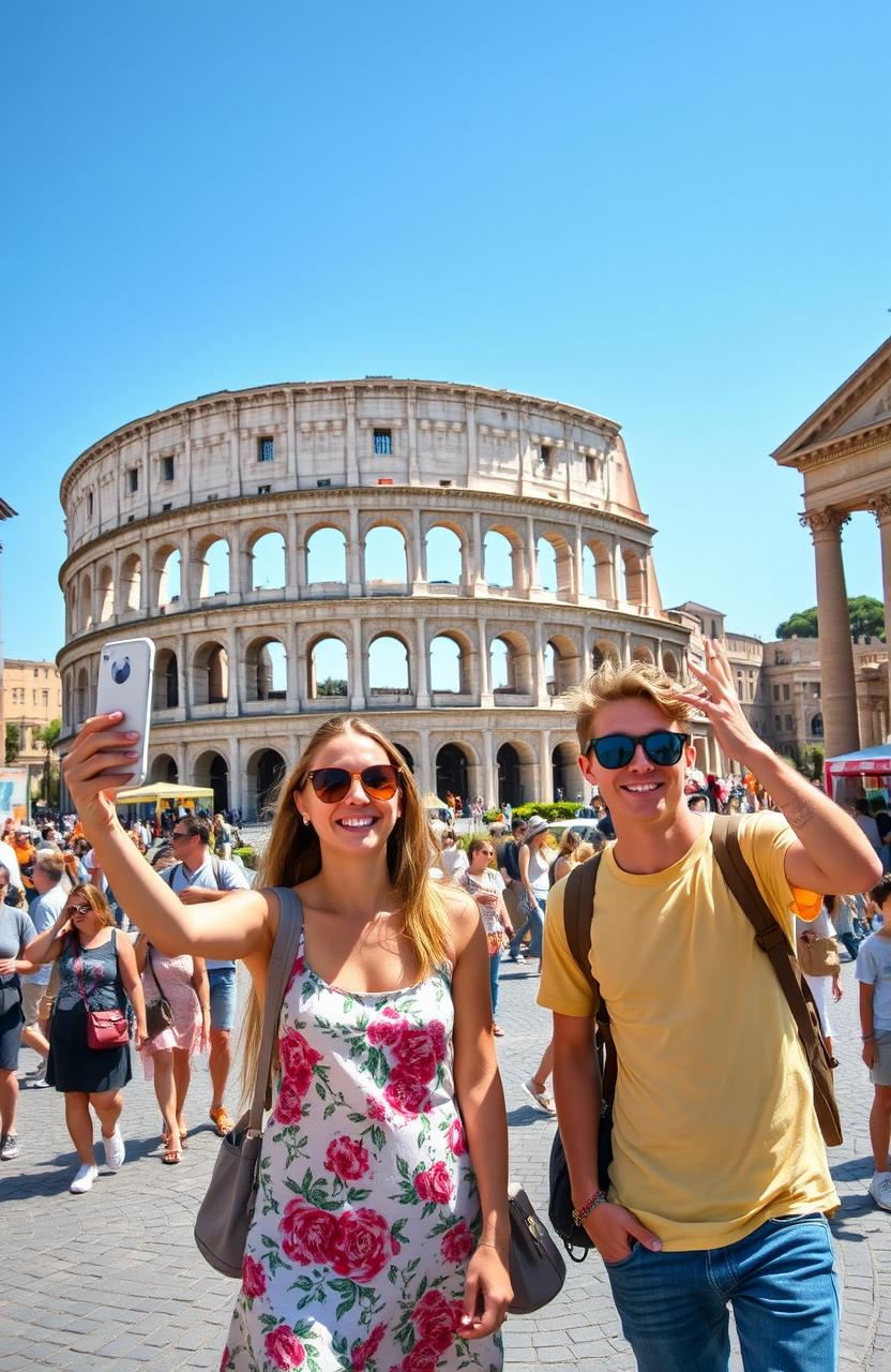 A vibrant scene depicting two boys and one girl casually exploring the iconic streets of Rome