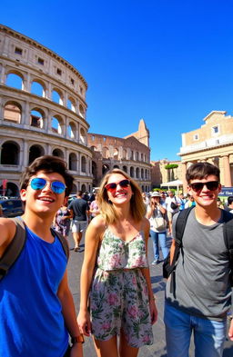 A vibrant scene depicting two boys and one girl casually exploring the iconic streets of Rome
