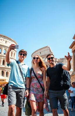 A vibrant scene depicting two boys and one girl casually exploring the iconic streets of Rome