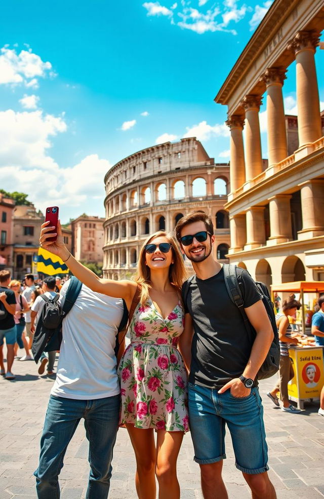 A vibrant scene depicting two boys and one girl casually exploring the iconic streets of Rome