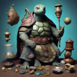 Display an elderly Tortle, a humanoid turtle from Dungeons and Dragons (DnD), adorned in intricate healer garments, clutching a healing staff, surrounded by a collection of magical healing artifacts