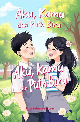 An illustration for the cover of a book entitled 'Aku, Kamu, dan Putih Biru', depicting a love story between two junior high school students