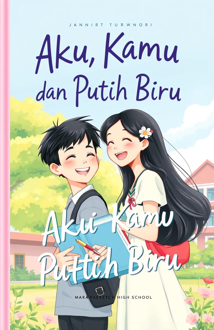 An illustration for the cover of a book entitled 'Aku, Kamu, dan Putih Biru', depicting a love story between two junior high school students