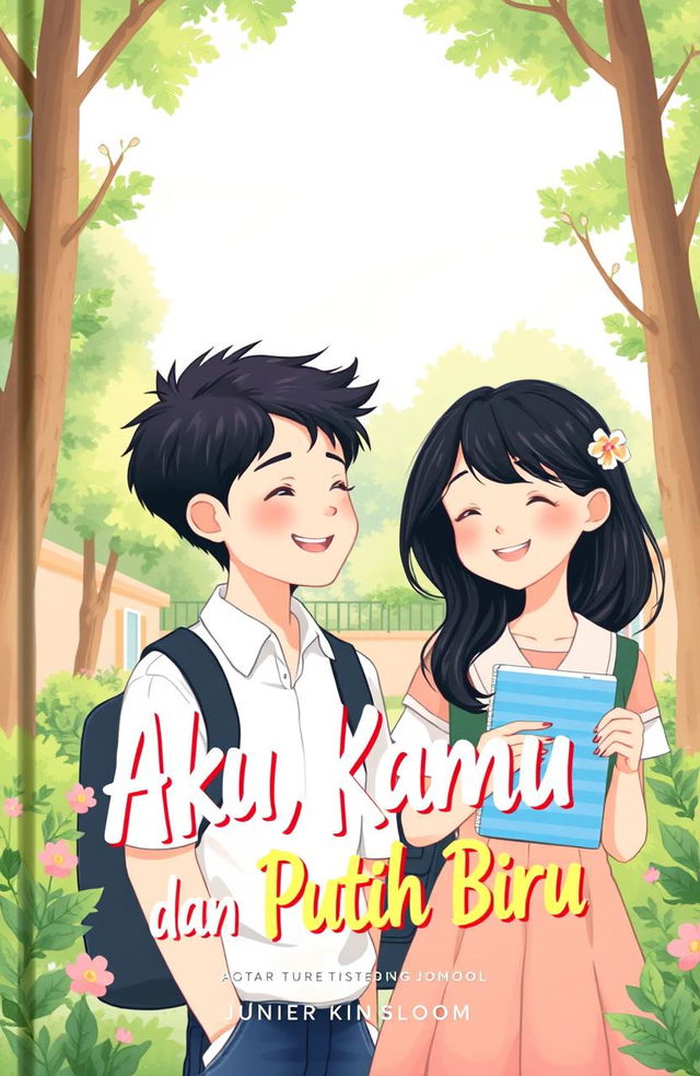 An illustration for the cover of a book entitled 'Aku, Kamu, dan Putih Biru', depicting a love story between two junior high school students