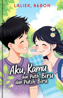 An illustration for the cover of a book entitled 'Aku, Kamu, dan Putih Biru', depicting a love story between two junior high school students