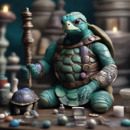 Display an elderly Tortle, a humanoid turtle from Dungeons and Dragons (DnD), adorned in intricate healer garments, clutching a healing staff, surrounded by a collection of magical healing artifacts