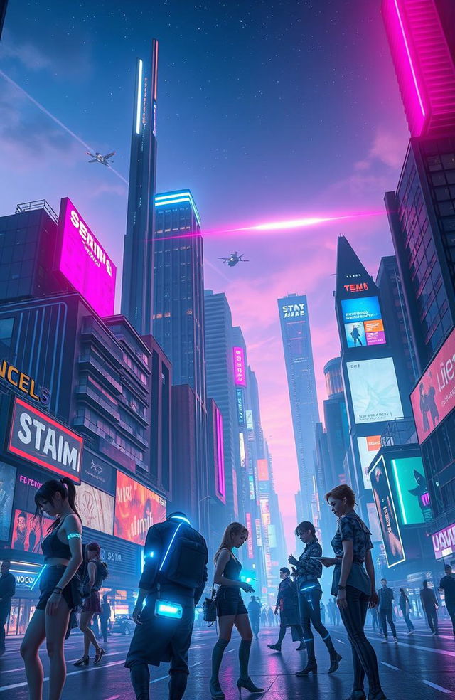 A futuristic cityscape with towering skyscrapers, vibrant neon lights, and flying vehicles