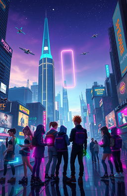 A futuristic cityscape with towering skyscrapers, vibrant neon lights, and flying vehicles