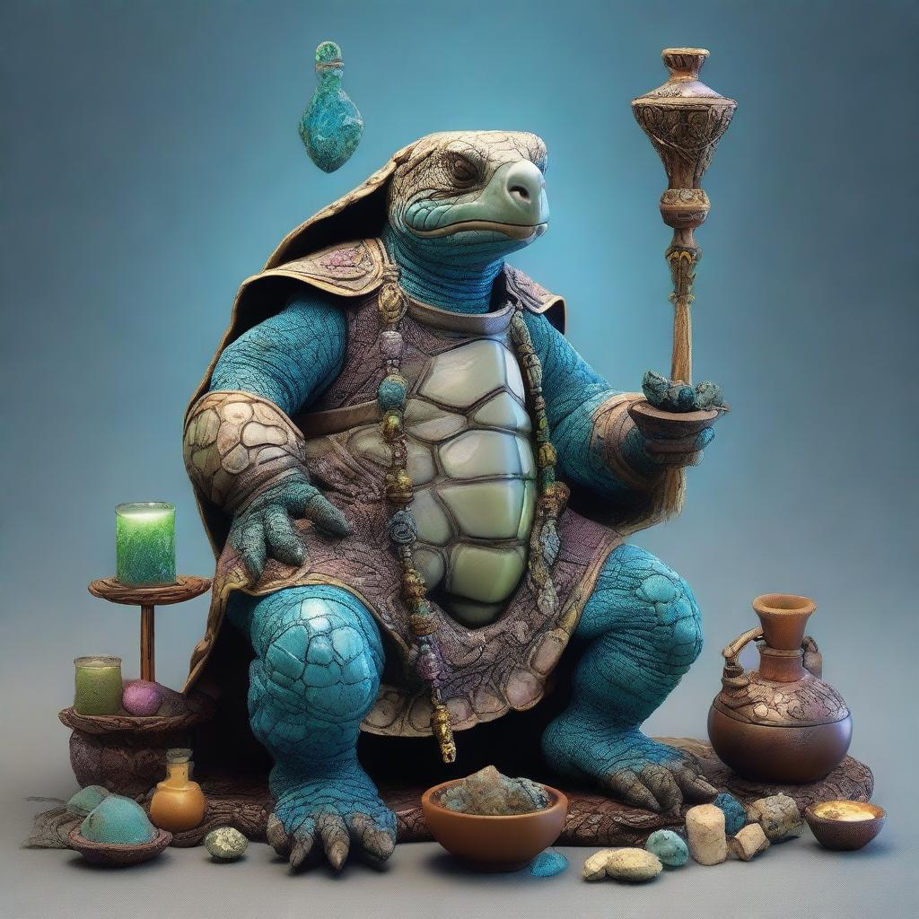 Display an elderly Tortle, a humanoid turtle from Dungeons and Dragons (DnD), adorned in intricate healer garments, clutching a healing staff, surrounded by a collection of magical healing artifacts