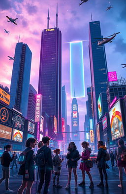 A futuristic cityscape with towering skyscrapers, vibrant neon lights, and flying vehicles