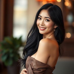 A stunning Chinese woman with attractive features and a captivating smile, posing confidently