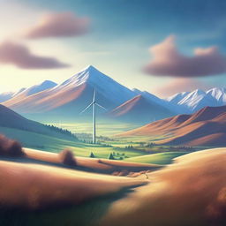 A magical landscape, with mountains stretching into the distance and a solitary wind turbine standing to the right of the scene