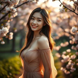 A beautiful Japanese model with a captivating smile, showcasing her alluring features