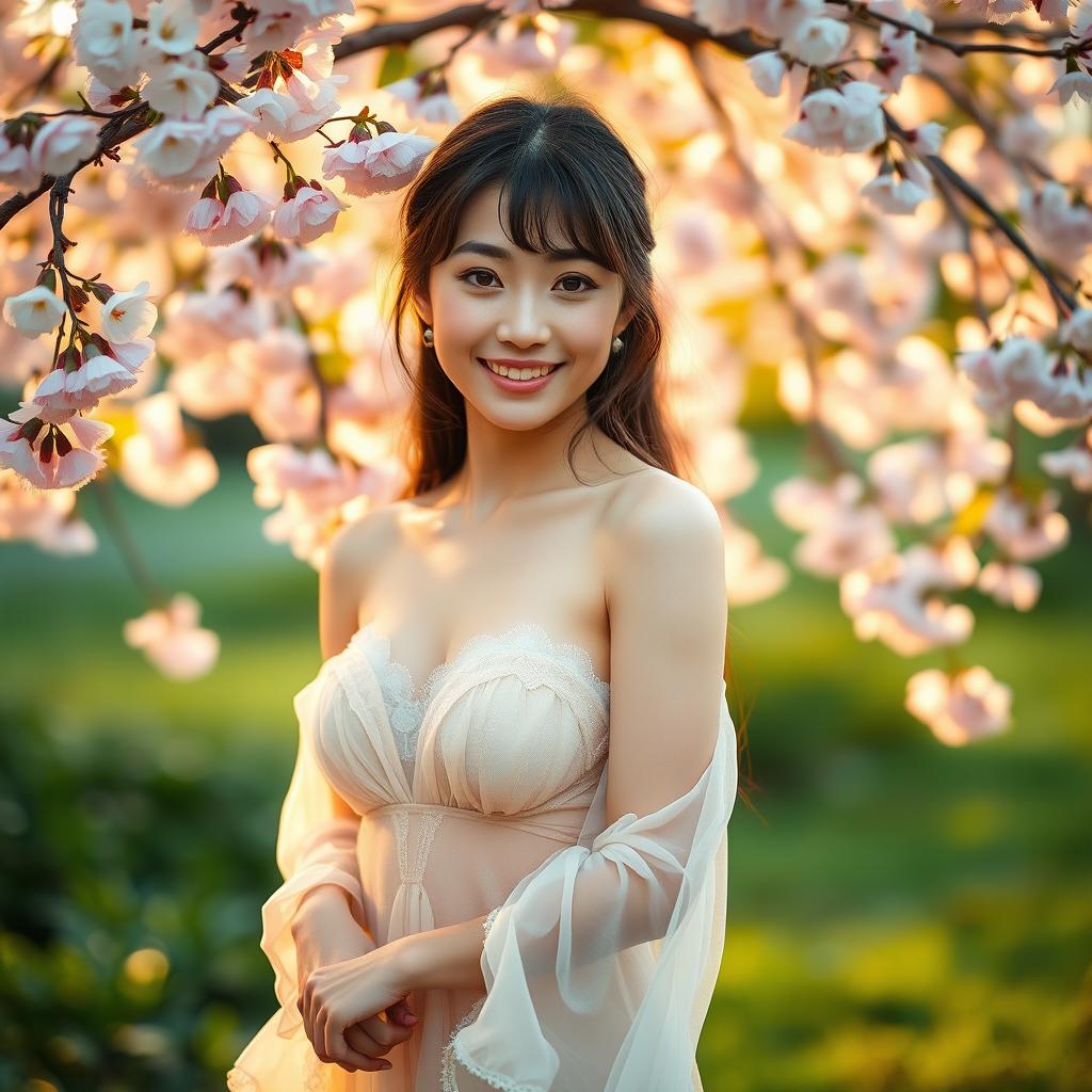 A beautiful Japanese model with a captivating smile, showcasing her alluring features