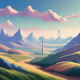 A magical landscape, with mountains stretching into the distance and a solitary wind turbine standing to the right of the scene