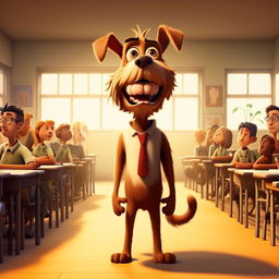 Animate a whimsical cartoon featuring an anthropomorphic dog who is a high school teacher, emphasizing his struggles as he tries to thrive in a human-dominated environment. He should have an expression of realization upon finding out he is known as 'man's best friend'.