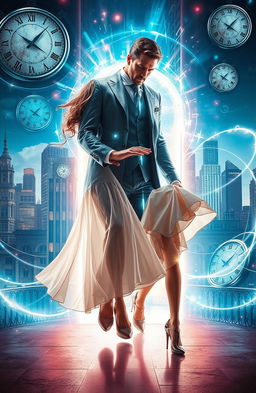 A visually striking scene featuring a man and a woman engaged in a time-shift dynamic