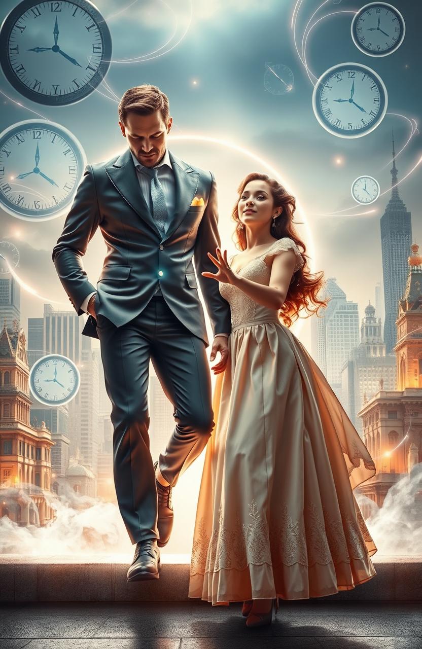 A visually striking scene featuring a man and a woman engaged in a time-shift dynamic