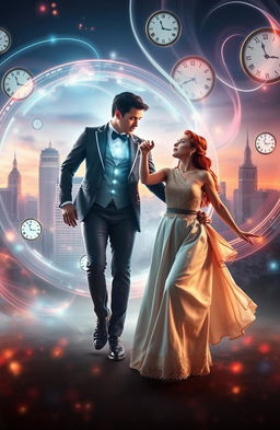 A visually striking scene featuring a man and a woman engaged in a time-shift dynamic