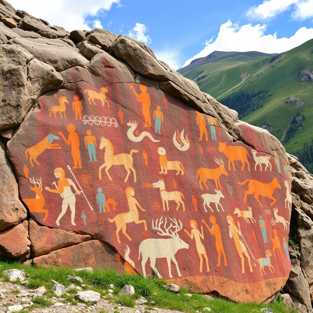 An Altai rock painting, showcasing ancient petroglyphs that depict scenes of daily life, hunting, and animals such as deer, horses, and mystical creatures