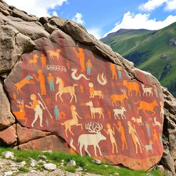 An Altai rock painting, showcasing ancient petroglyphs that depict scenes of daily life, hunting, and animals such as deer, horses, and mystical creatures