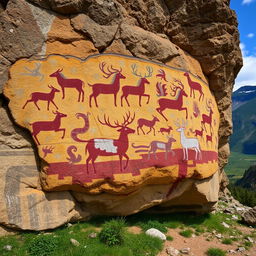 An Altai rock painting, showcasing ancient petroglyphs that depict scenes of daily life, hunting, and animals such as deer, horses, and mystical creatures