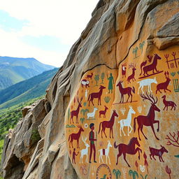 An Altai rock painting, showcasing ancient petroglyphs that depict scenes of daily life, hunting, and animals such as deer, horses, and mystical creatures
