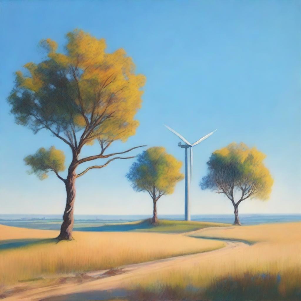 A tranquil landscape with scattered trees, a clear blue sky and a solitary wind turbine standing from left to right on the edge of the painting