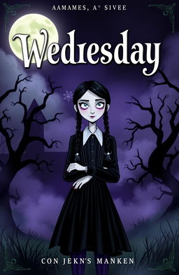A captivating cover page for the 'Wednesday' series featuring the iconic character Wednesday Addams in her classic gothic attire