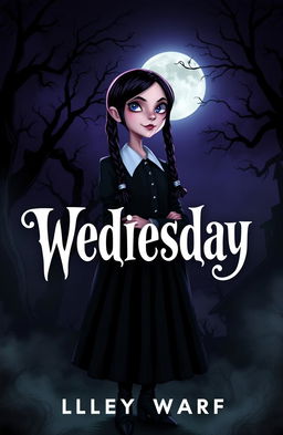 A captivating cover page for the 'Wednesday' series featuring the iconic character Wednesday Addams in her classic gothic attire