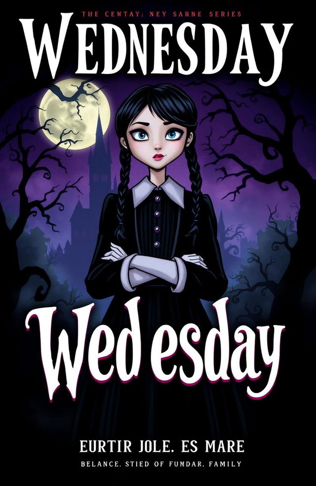 A captivating cover page for the 'Wednesday' series featuring the iconic character Wednesday Addams in her classic gothic attire